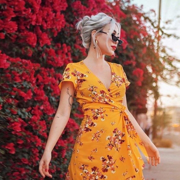 yellow mini wrap dress